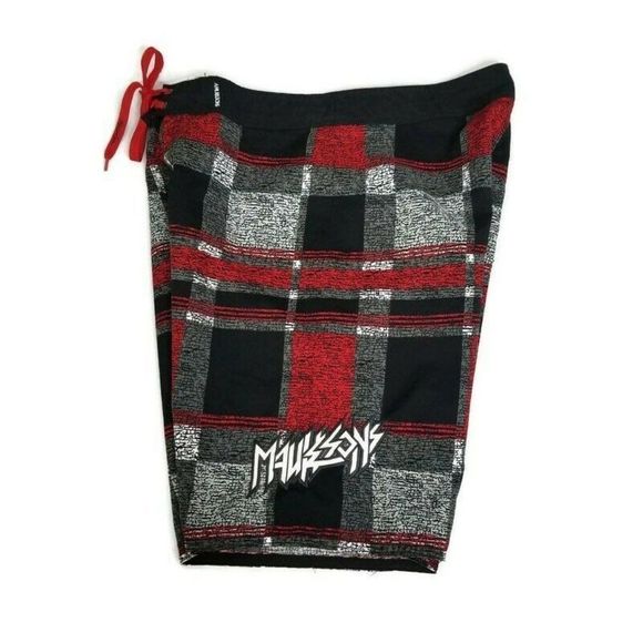 Maui and Sons Mens 34 Red Black Grey Plaid Boardshorts Surf Wake Swim Beach - Picture 2 of 5